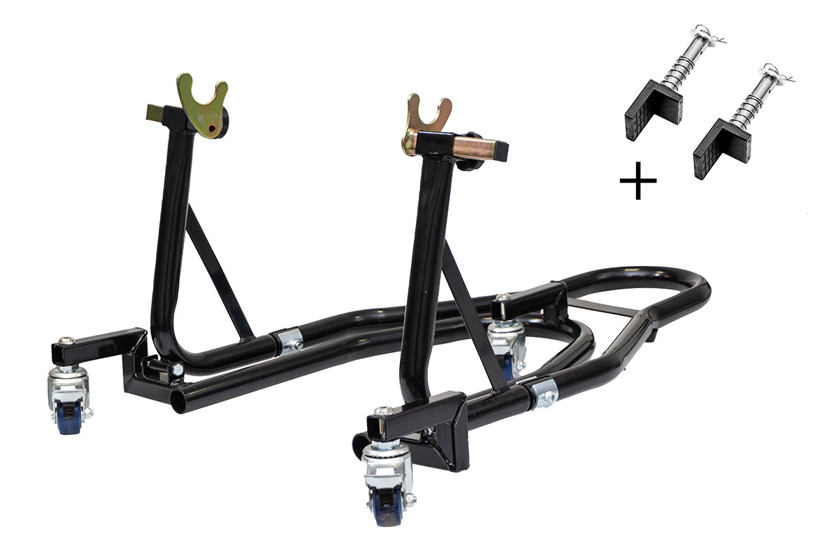 Levně BIKETEC PRO zvedák/zdvihák / stojan motocyklový POD zadní kolo typ-V i typ-L (POD válečky i kyvná vidlice) na vozíku barva černá (MOŻLIWOŚC snadno