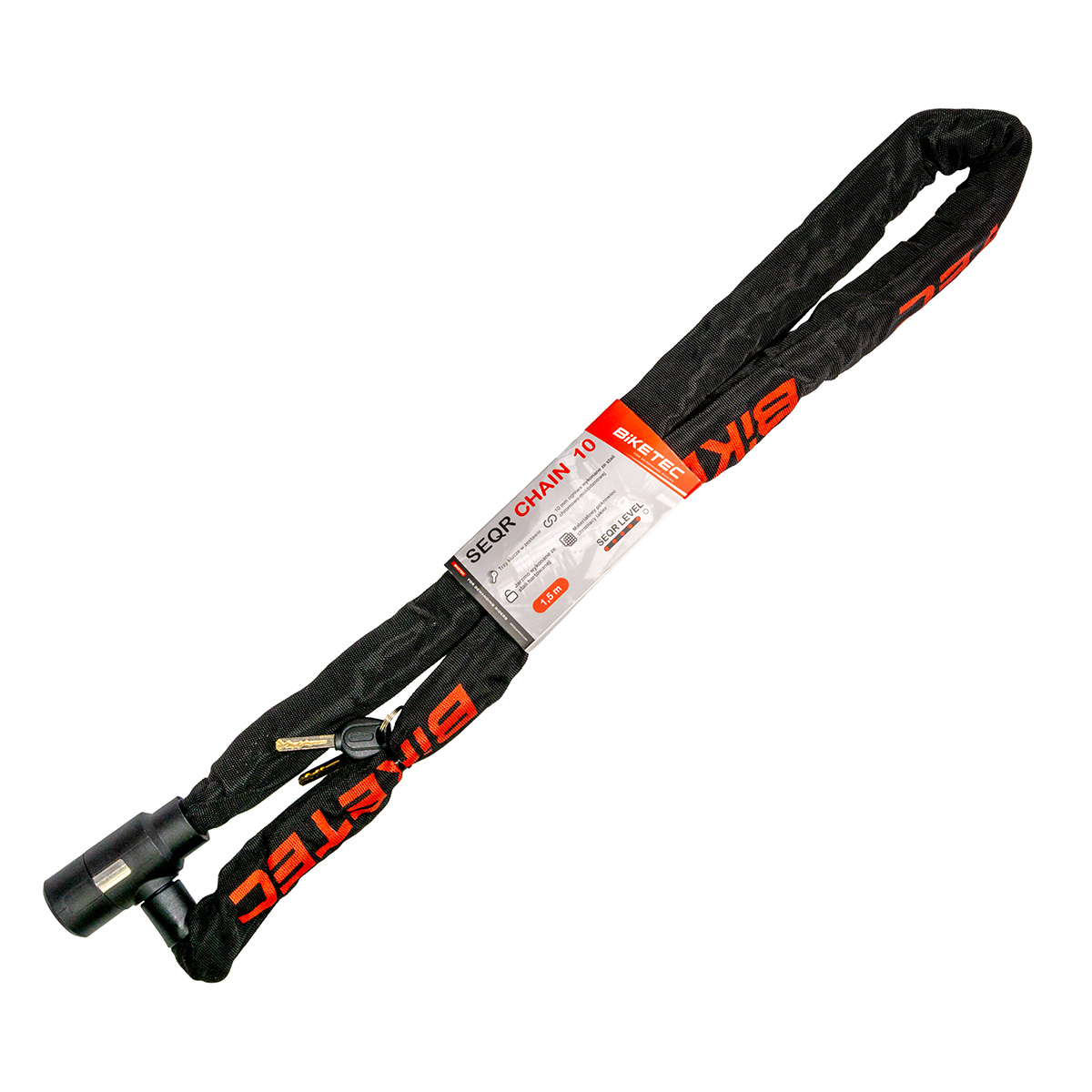 BIKETEC SEQR řetěz CP 1,5M/oko/smyčka 10mm WBstehnoWANY zámek 3 klíče