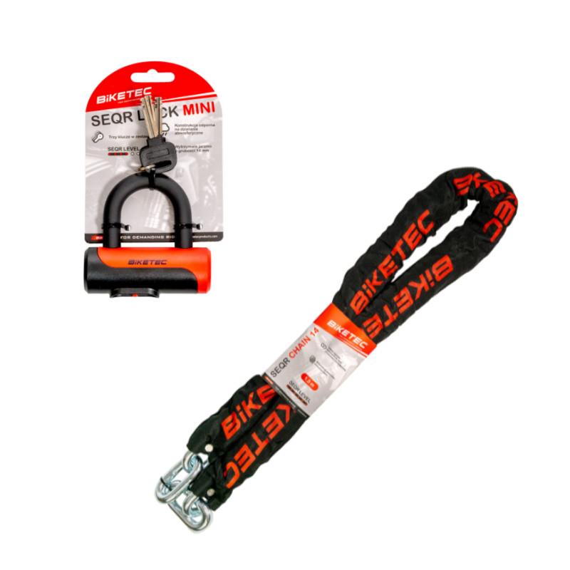 BIKETEC SEQR sada řetěz 1,5M, oko/smyčka 14mm, černá OTUlanko + BIKETEC SEQR visací zámek na klíč (sada 3 klíčY) rozměr 102mm X 100mm
