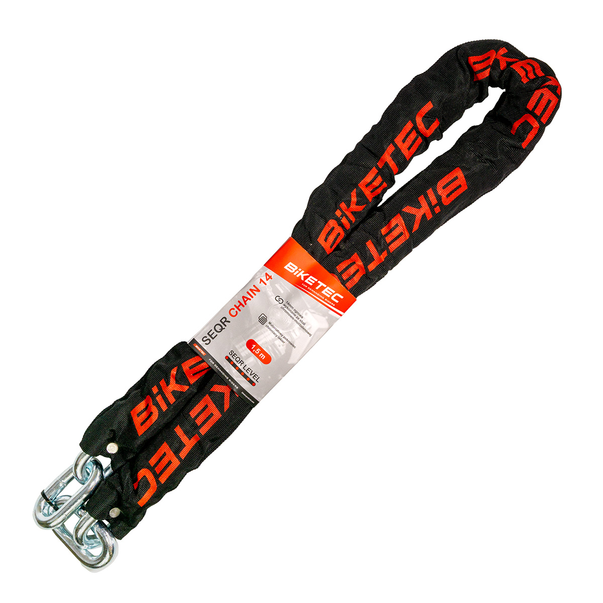 BIKETEC SEQR řetěz 1,5M, oko/smyčka 14mm, černá OTUlanko