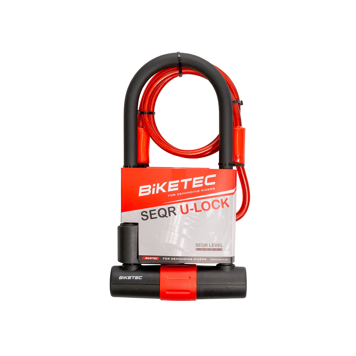 BIKETEC SEQR bezpečnostní U-LOCK s kabel rozměr: lanko 10mm, 1,2M s visací zámek 180mm X 320mm, 3klíče, jho 16mm