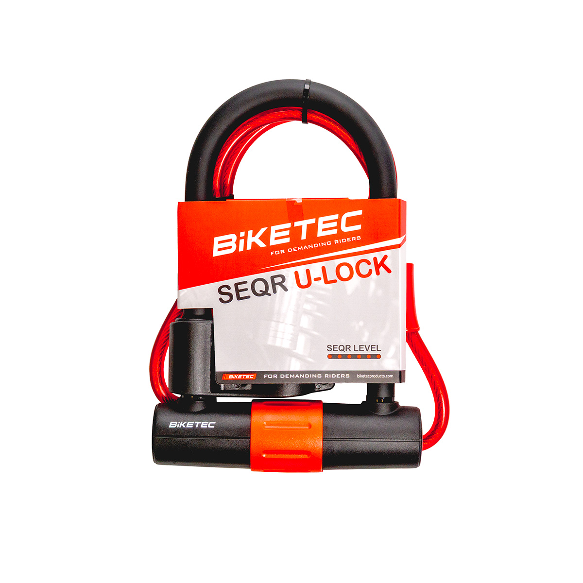 BIKETEC SEQR bezpečnostní U-LOCK s kabel rozměr: lanko 10mm, 1,2M s visací zámek 180mm X 260mm, 3klíče, jho 16mm
