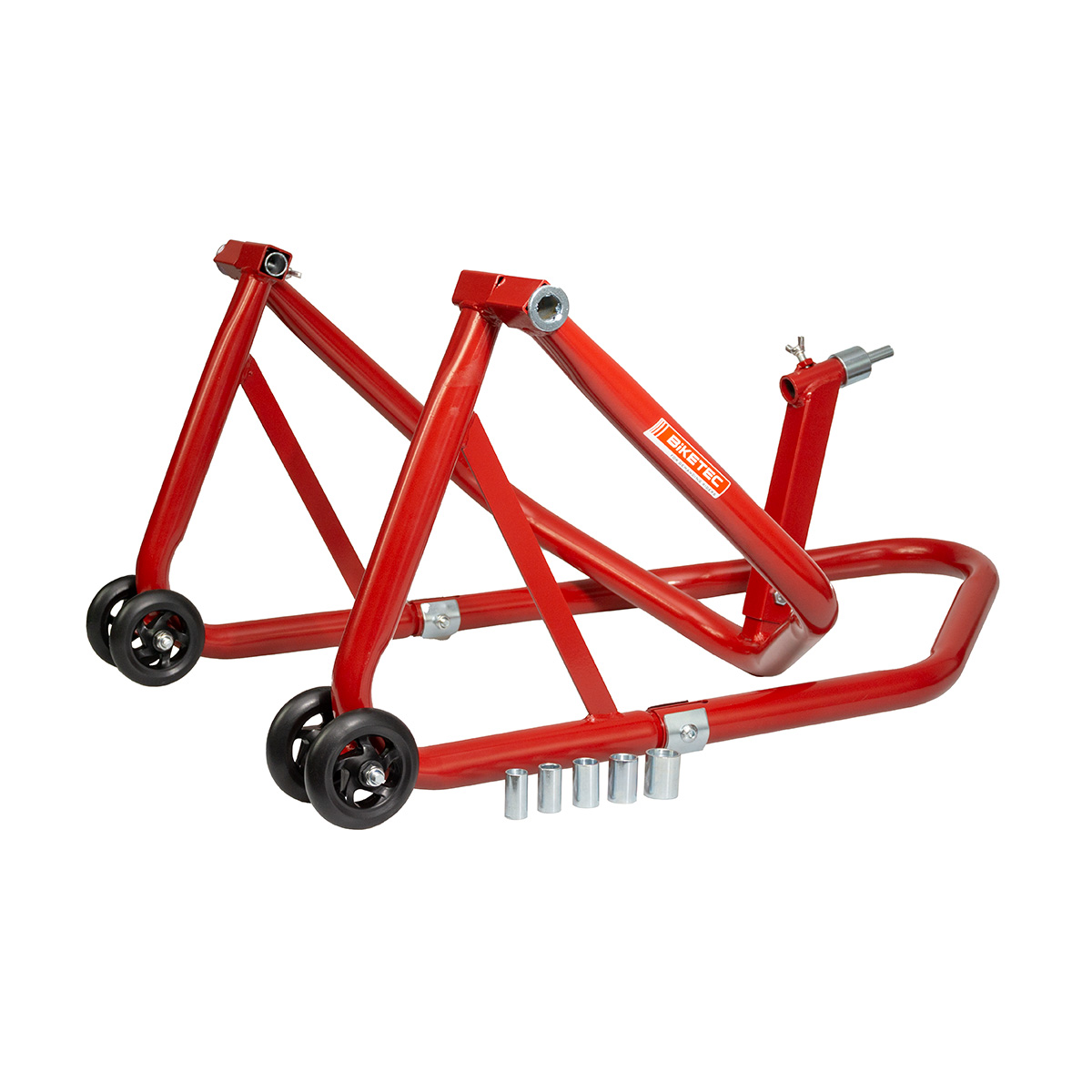 BIKETEC PRO stojan na zvedák motocyklu POD hlavy rámy + adaptérY typ-L POD zadní kyvná vidlice (čepy 11,15,18,20,24 mm) barva červená (BIKETEC PRO)