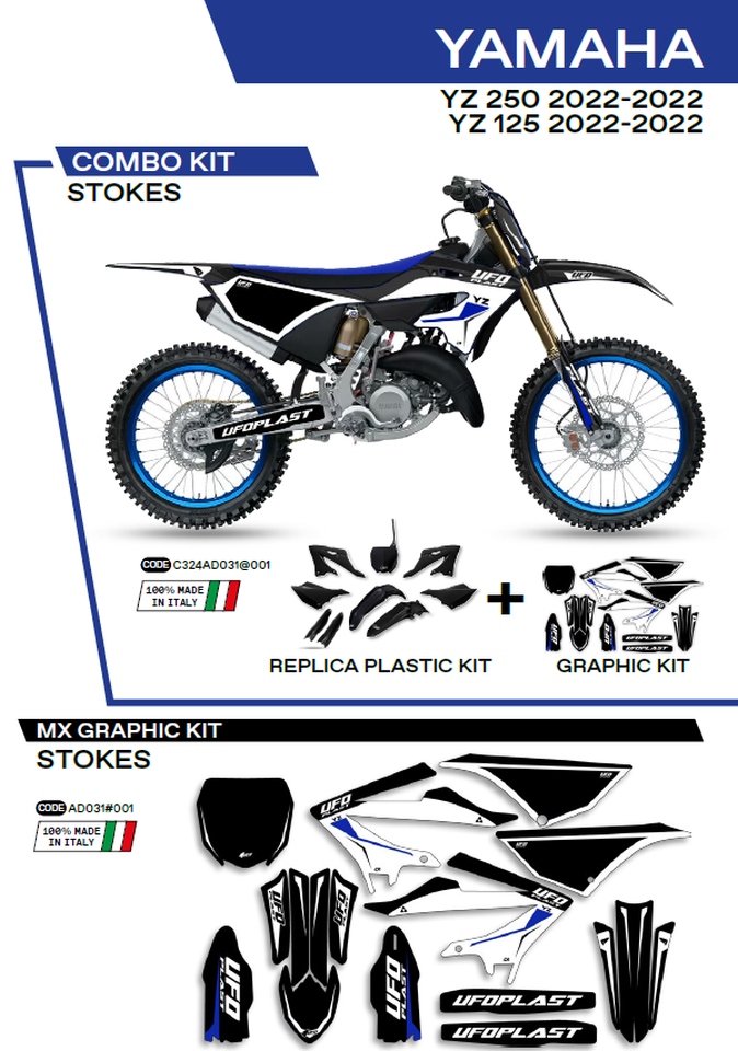 UFO kompletní sada plastů YAKIT324001 PLUS sada samolepek (dýhy) YAMAHA YZ 125/250 22-26, v sadě přední tabulka (YA04860) a kryty tlumičů (YA04814) STOKES barva černá -