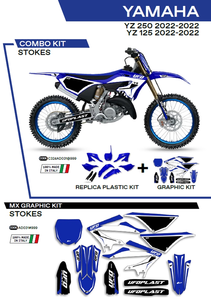 UFO kompletní sada plastů YAKIT324999 PLUS sada samolepek (dýhy) YAMAHA YZ 125/250 22-26, v sadě přední tabulka (YA04860) a kryty tlumičů (YA04814) STOKES barva (modrá-černá/bílá) -