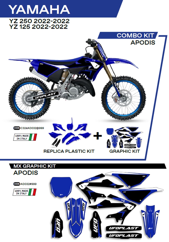 UFO kompletní sada plastů YAKIT324999 PLUS sada samolepek (dýhy) YAMAHA YZ 125/250 22-26, v sadě přední tabulka (YA04860) a kryty tlumičů (YA04814) APODIS barva (bílá/světle modrý) -