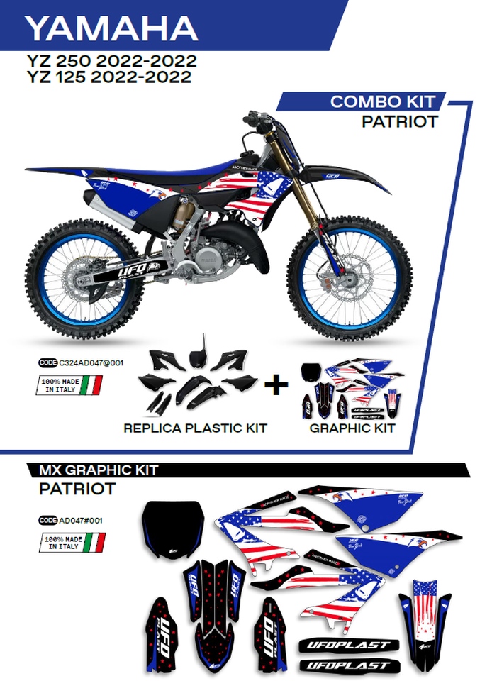 UFO kompletní sada plastů YAKIT324001 PLUS sada samolepek (dýhy) YAMAHA YZ 125/250 22-26, v sadě přední tabulka (YA04860) a kryty tlumičů (YA04814) PATRIOT barva černá -