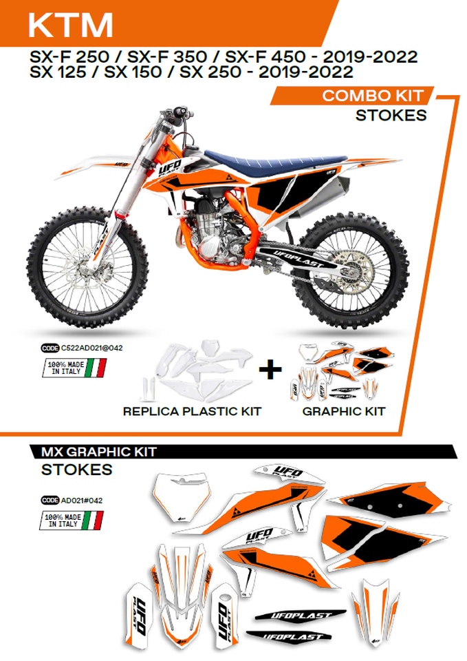 UFO kompletní sada plastů KTKIT522042 PLUS sada samolepek (dýhy) KTM SX/SXF 125/150/250/350/450 19-22 v sadě přední tabulka (KT04094) a kryty tlumičů