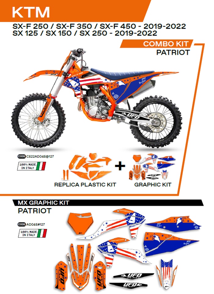 UFO kompletní sada plastů KTKIT522127 PLUS sada samolepek (dýhy) KTM SX/SXF 125/150/250/350/450 19-22 v sadě přední tabulka (KT04094) a kryty tlumičů