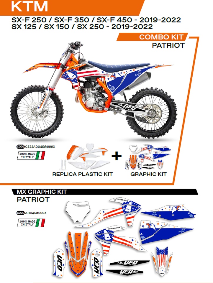 UFO kompletní sada plastů KTKIT522999X PLUS sada samolepek (dýhy) KTM SX/SXF 125/150/250/350/450 19-22 v sadě přední tabulka (KT04094) a kryty tlumičů