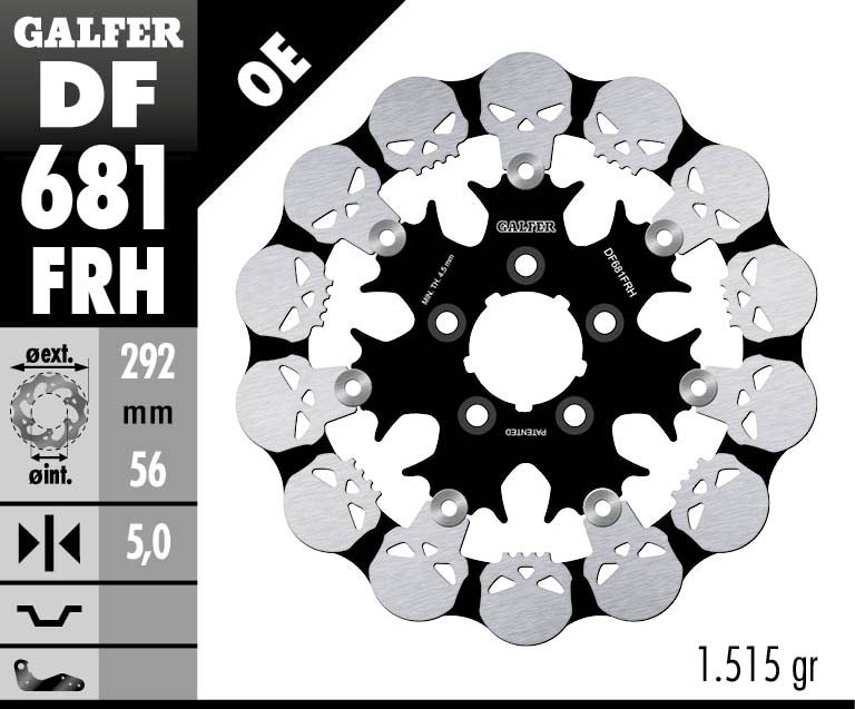 GALFER přední brzdový kotouč / zadní HARLEY-DAVIDSON (292X56X5) plovoucí SKULL (motiv lebky) (GALFER přední brzdový kotouč / zadní HARLEY-DAVIDSON)