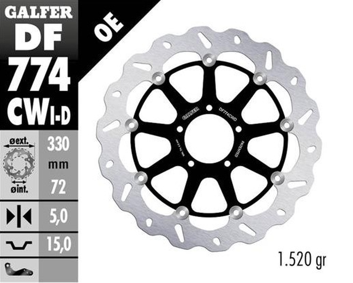 GALFER přední brzdový kotouč DUCATI 1098 07-08; 1198S/R 09-; 1103/1199/1299 PANIGALE 12-; MULTIstrada 1103 V4 21-23 (pravá) (WAVE FLOATING) (330X72X5mm)