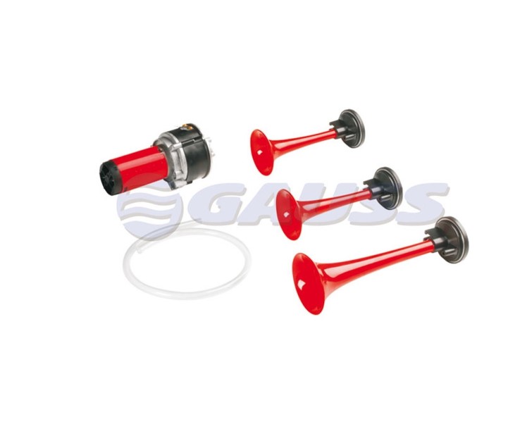 Levně GAUSS klakson (zvukový signál) univerzální ELEKTRO-pneumatický (vysoká střední i nízký TON) červená ( délka 153 mm, 165 mm, 215 mm) (GAUSS klakson)