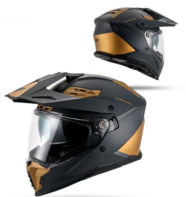 UFO helma COSMOS OFFROAD / DUAL / TOURER / CROSSOVER se štítem, kšiltem a sluneční clonou barva černá/zlatá velikost XS ( ECE 22R06 ) - kolekce 2026