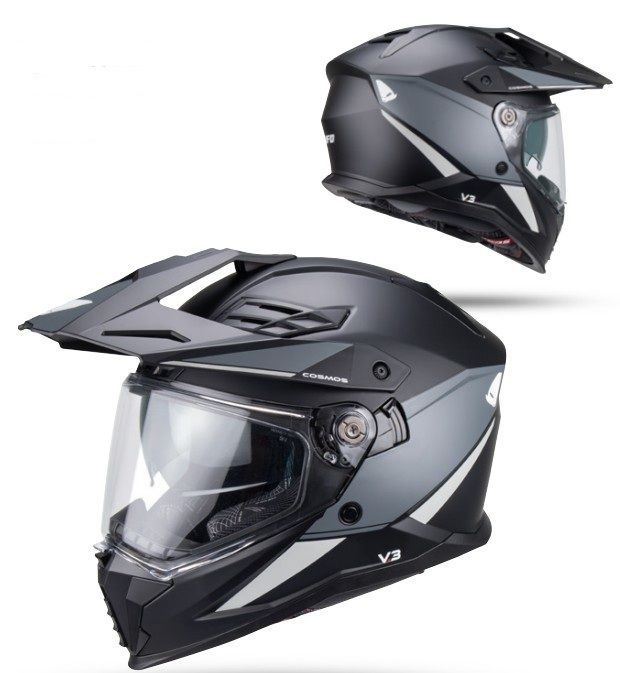 UFO helma COSMOS OFFROAD / DUAL / TOURER / CROSSOVER se štítem, kšiltem a sluneční clonou barva černá/šedá velikost M ( ECE 22R06 ) - kolekce 2026