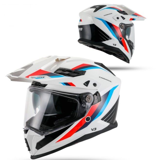 UFO helma COSMOS OFFROAD / DUAL / TOURER / CROSSOVER se štítem, kšiltem a sluneční clonou barva bílá/červená velikost S ( ECE 22R06 ) - kolekce 2026