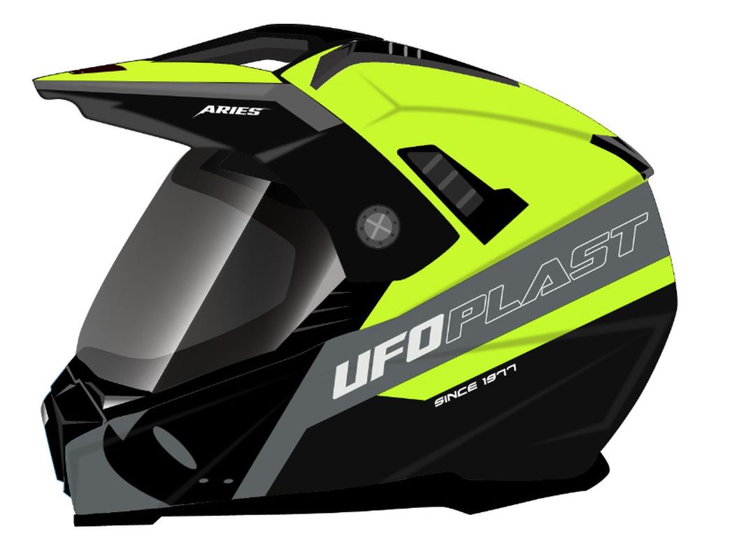 UFO přilba ARIES OFFROAD / DUAL / TOURER / CROSSOVER se štítem, kšiltem a sluneční clonou barva černá/šedá/žlutá fluo velikost S (ECE 22R06)