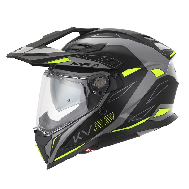 KAPPA přilba KV33 GRAPHIC WIZZARD ENDURO DUAL OFF ROAD se štítem i krycím panelem barva černá šedá žlutá fluo MATT rozměr 54 / XS (homologace ECE 22R06)