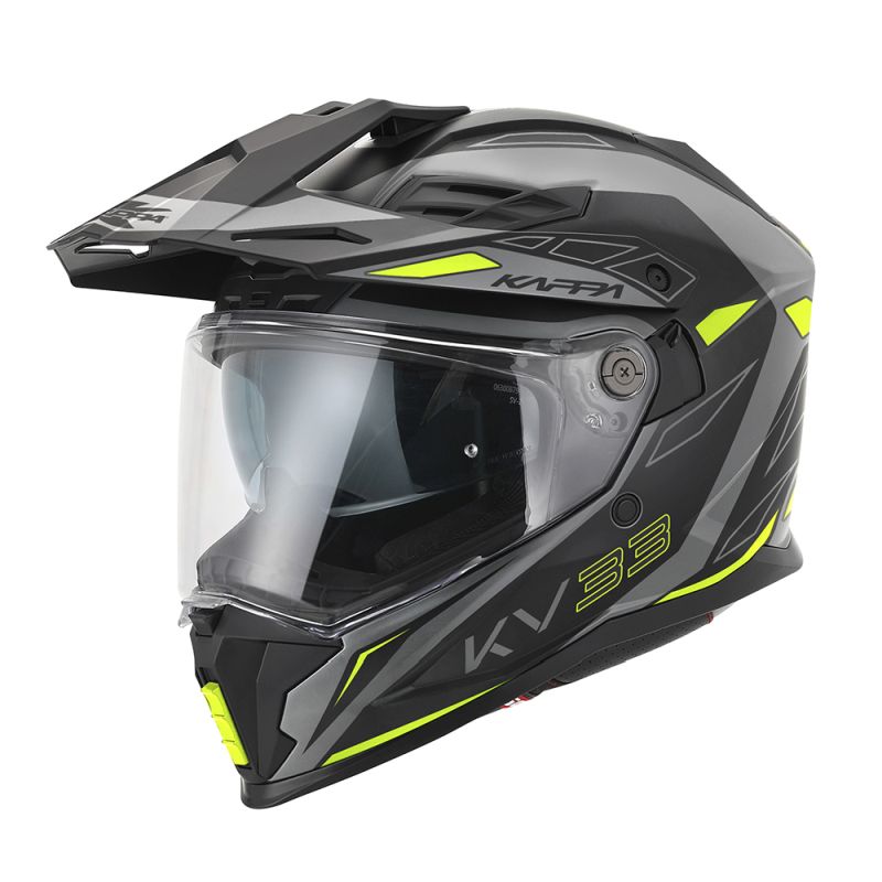 KAPPA přilba KV33 GRAPHIC WIZZARD ENDURO DUAL OFF ROAD se štítem i krycím panelem barva černá šedá žlutá fluo MATT rozměr 56 / S (homologace ECE 22R06)
