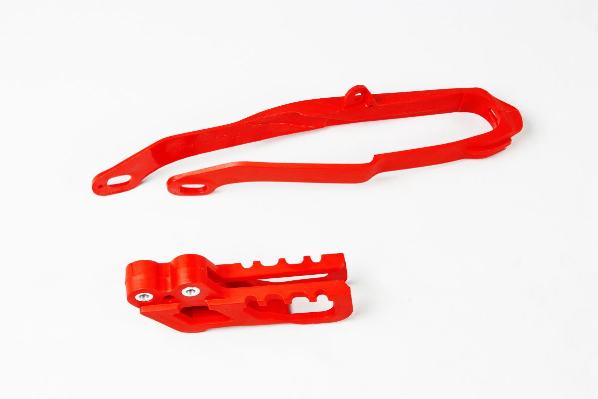 UFO komplet kluzák + vodítko řetězu HONDA CR 125 / 250 00-04, CRF 250 R / X 04, CRF 450R 02-04 barva červená