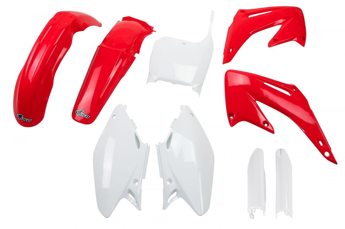 UFO kompletní sada plastů (FULL KIT) s kryty tlumičů HONDA CR 125/250 02-03 barva OEM (červená/bílá) (HO101E999)