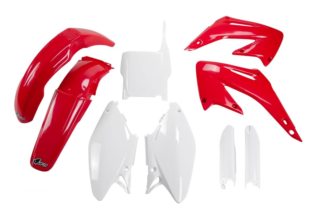 UFO complete plastics kit (FULL KIT) with shock covers HONDA CR 125/250 04-07 color OEM (red/white) (HO103E999)