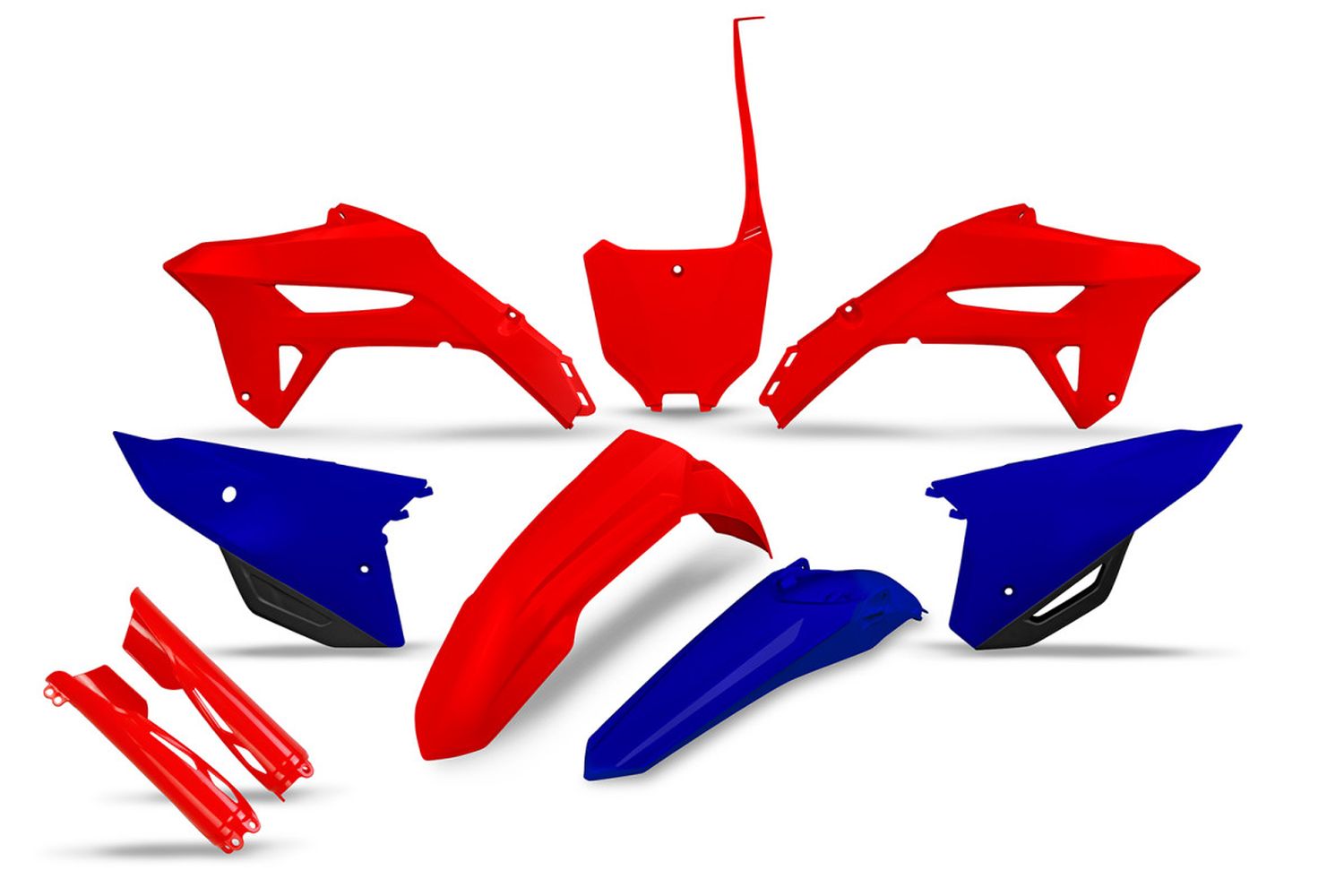 UFO kompletní sada plastů (FULL KIT) s kryty přední vidlice HONDA CRF 250 R '22-'24, CRF 450 R '21-'24 barva OEM 2027 (červená / modrá)