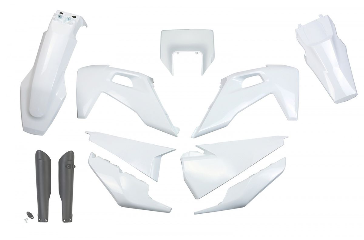 UFO kompletní sada plastů (FULL KIT) s kryty tlumičů HUSQVARNA TE 150 / 250 / 300 20-23, FE 250 / 350 / 450 / 501 20-23 s krytem světla barva OEM (bílá)