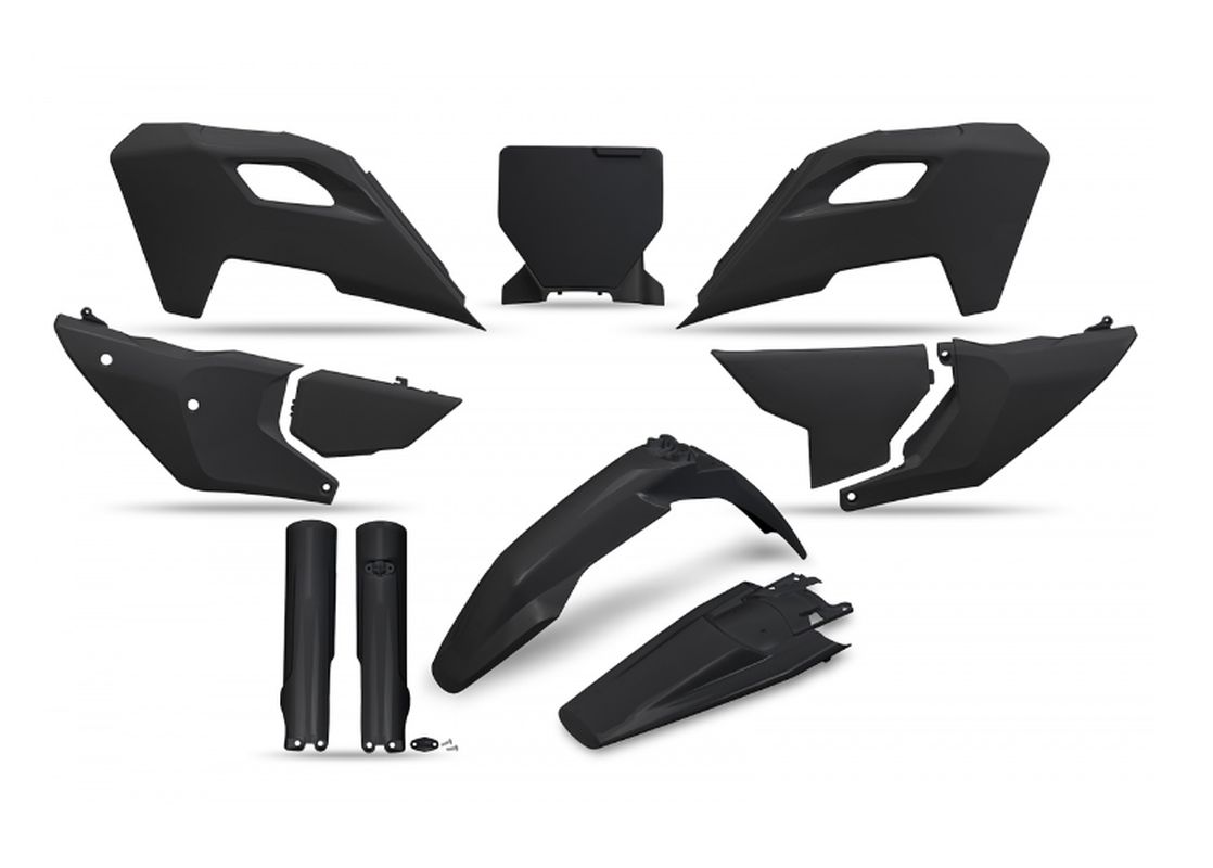 UFO kompletní sada plastů (FULL KIT) s kryty tlumičů HUSQVARNA TC 125 / 250 23-24, FC 250 / 350 / 450 23-24, FX 350 / 450 23-24, TX 300 24, barva černá