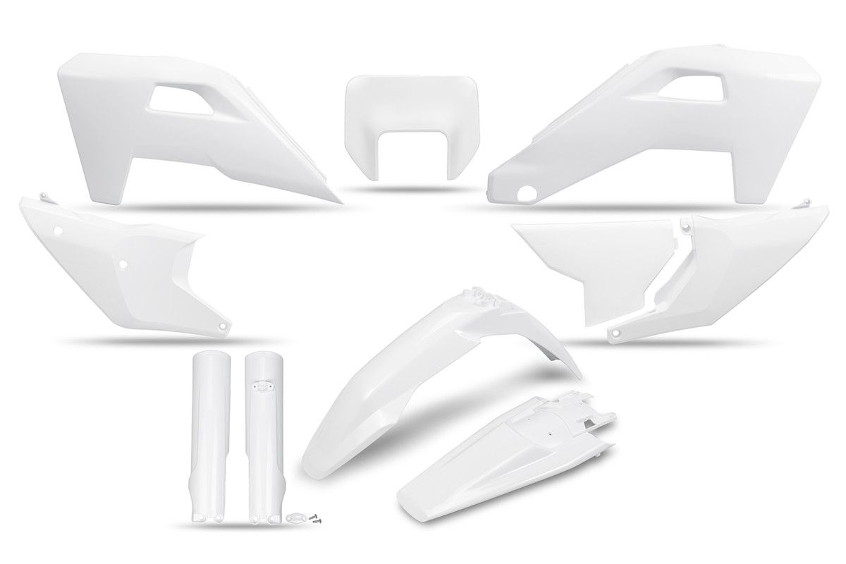UFO kompletní sada plastů (FULL KIT) s kryty tlumičů HUSQVARNA FE 250 / 350 / 450 / 501 25-26, TE 250 / 300 HERITAGE 25-26 barva bílá