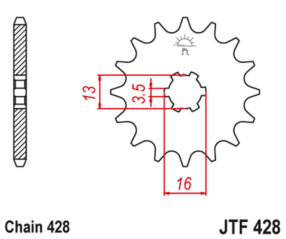 JT řetězové kolo přední 428 13 SUZUKI DR-Z 50 19-21, DR-Z 70 08-18, DS/JR/RM/RG/GT/TS 80 77-03 (42813JT) (řetěz 428)