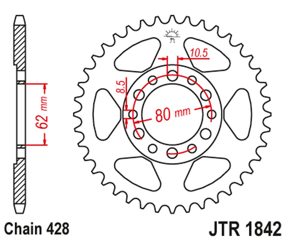JT rozeta 842 55 YAMAHA YZ 80 81-83, DT 125/175 74-77,TW 125 99-02, TW 200 89-, XT 350 85-00 (84255JT) (řetěz428)