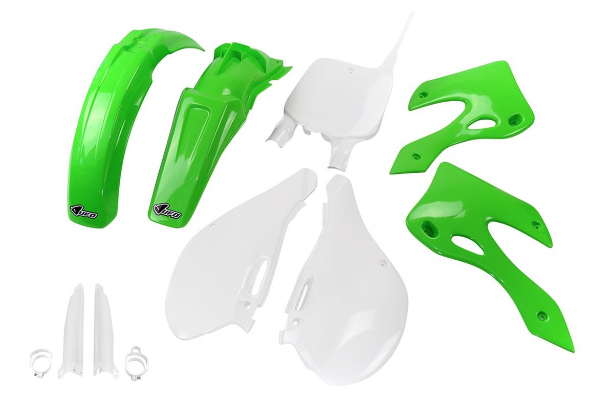 UFO kompletní sada plastů (FULL KIT) s kryty tlumičů KAWASAKI KX 125 / 250 99-02 barva OEM (zelená/bílá) (KA200E999)