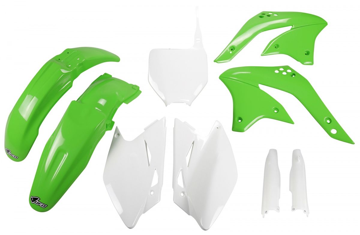 UFO kompletní sada plastů (FULL KIT) s kryty tlumičů KAWASAKI KXF 450 08 barva OEM (zelená/ bílá) (KA211E999)