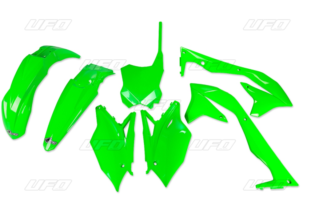 UFO kompletní sada plastů KAWASAKI KXF 450 16-17 barva zelená fluorescenční (KA223AFLU)