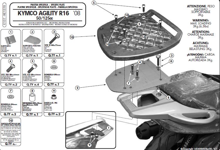 KAPPA zadní nosič kufru KYMCO AGILITY 50/125/150/200 R16 (08-13) ( bez plotny )