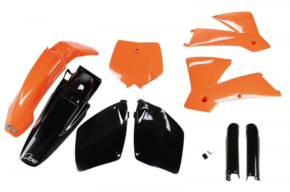 UFO kompletní sada plastů (FULL KIT) s kryty tlumičů KTM SX-SXF 01-02 barva (černá/oranžová) (KT501E999) (UFO kompletní sada plastů (FULL KIT) s)