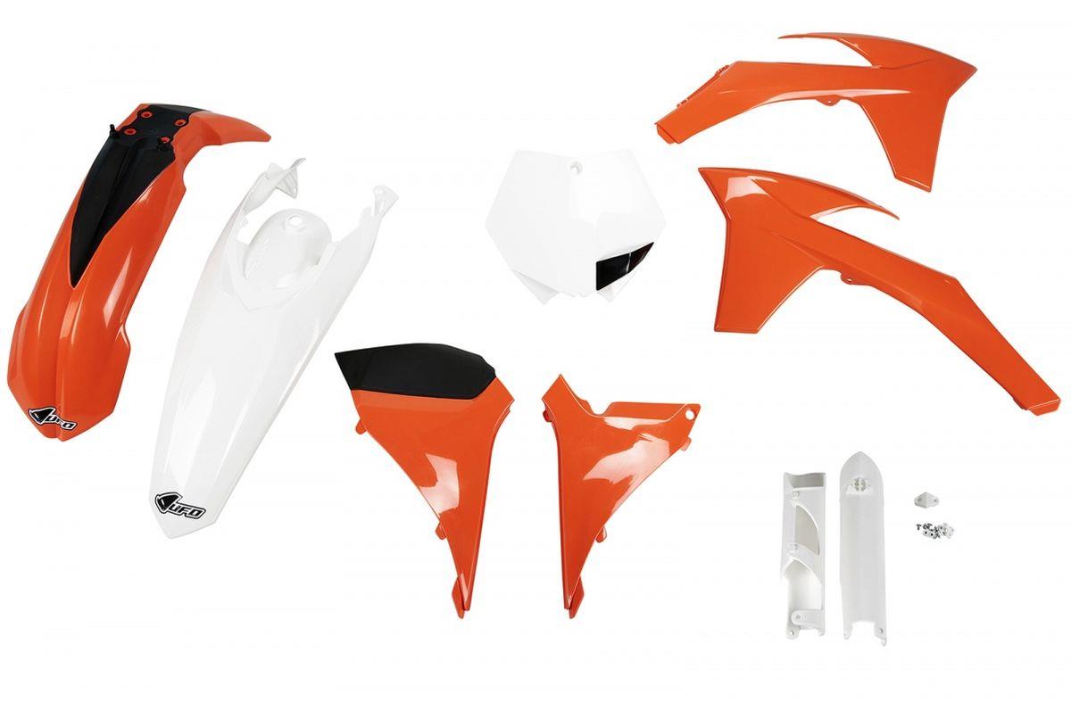 UFO kompletní sada plastů (FULL KIT) s kryty tlumičů KTM SXF 11-12, SX 12 barva (bílá/oranžová) (KT510E999) (UFO kompletní sada plastů (FULL KIT) s)
