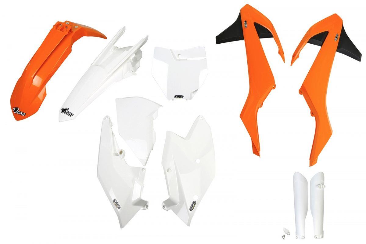 UFO kompletní sada plastů (FULL KIT) s kryty tlumičů KTM SX/SXF 16-18 (kromě SX 250 16), barva 16 (bílá/oranžová) (KT517E999) (UFO kompletní sada)