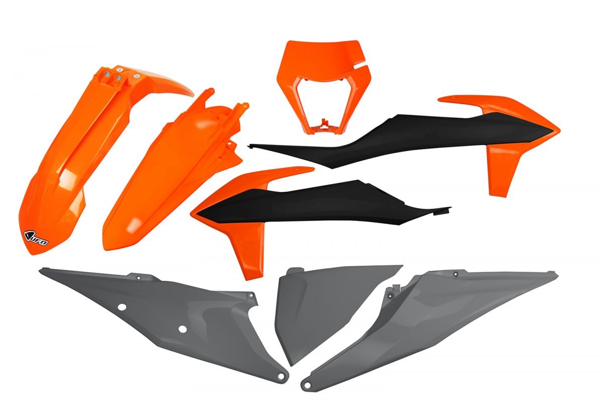 UFO kompletní sada plastů KTM EXC 125 '20-'21, EXC 250 / 300 TPI '20-'23, EXC-F 250 / 350 / 450 / 500 '20-'23 s krytem světla barva OEM '21 (oranžová/černá/šedá)