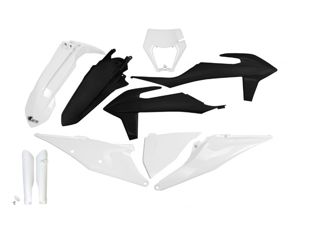UFO complete plastic kit (FULL KIT) with fork guards KTM EXC 125 20-21, EXC 250 / 300 TPI 20-23, EXC-F 250 / 350 / 450 / 500 20-23, color OEM white black