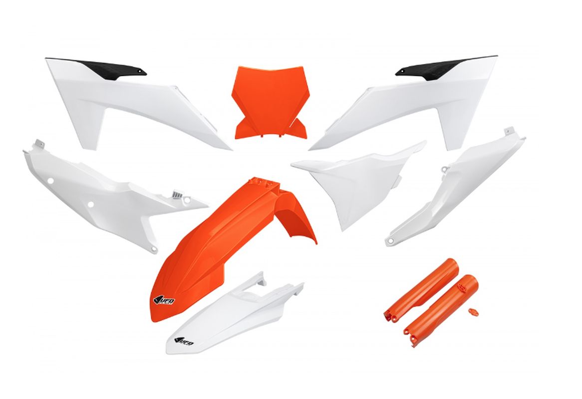 UFO kompletní sada plastů (FULL KIT) s kryty tlumičů KTM SX 125 / 250 / 300 TBI 23-24, SX-F 250 / 350 / 450 23-24 barva oranžová bílá (UFO kompletní)