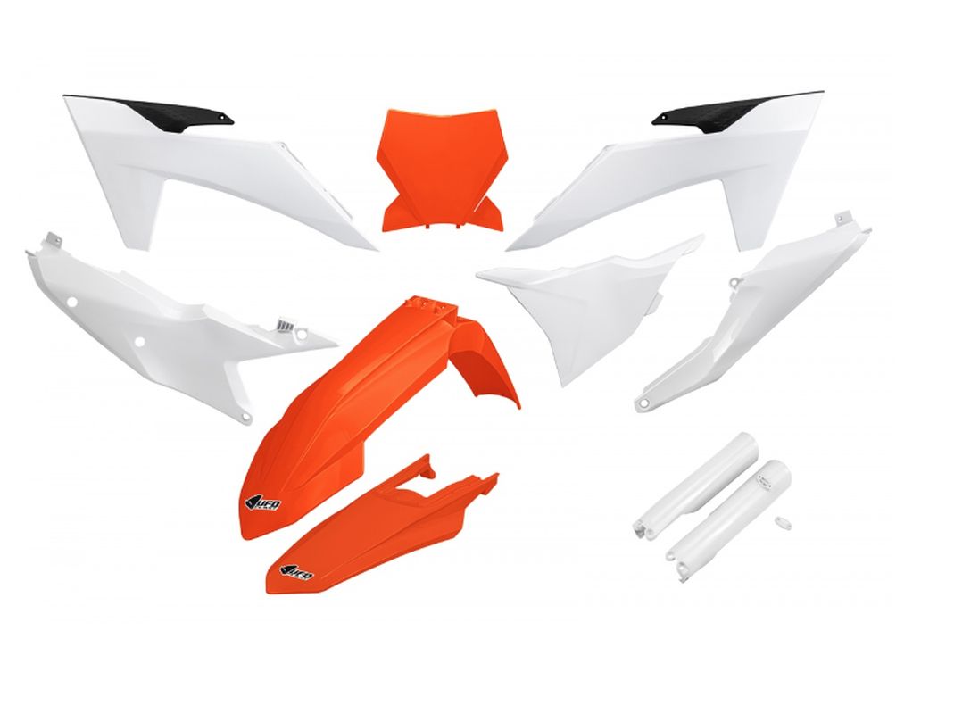 UFO kompletní sada plastů (FULL KIT) s kryty tlumičů KTM SX 125 / 250 / 300 TBI 23-24, SX-F 250 / 350 / 450 23-24 barva bílá oranžová (UFO kompletní)