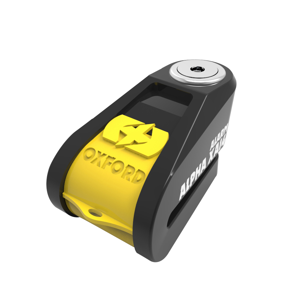 OXFORD akce zámek brzdového kotouče s alarmem ALPHA XA14 barva černá/žlutá FLUO (PIN 14MM) (LK218)