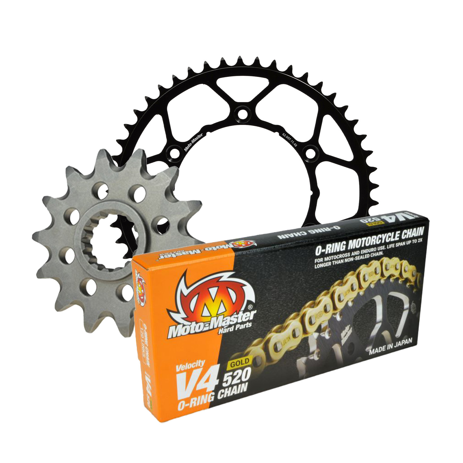 MOTO-MASTER chain set complete V4-520G O-RING gold - golden vyrobeno v japonsku (M610121113+M620071150+M652002) (MMKITKTM1)