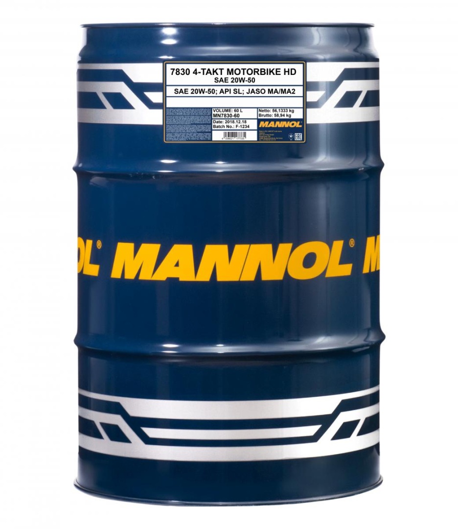 MANNOL motorový olej 4T MOTORBIKE HD 20W50 60L V-TWIN MA2 polosyntetické (7830) - sud 60 L (MANNOL motorový olej 4T MOTORBIKE HD 20W50 60L V-TWIN MA2)