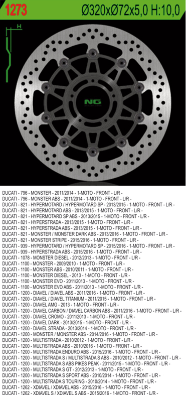 NG přední brzdový kotouč DUCATI 796/821/1078/1100/1200 11-16 (320X72X5) (5X8,5mm)