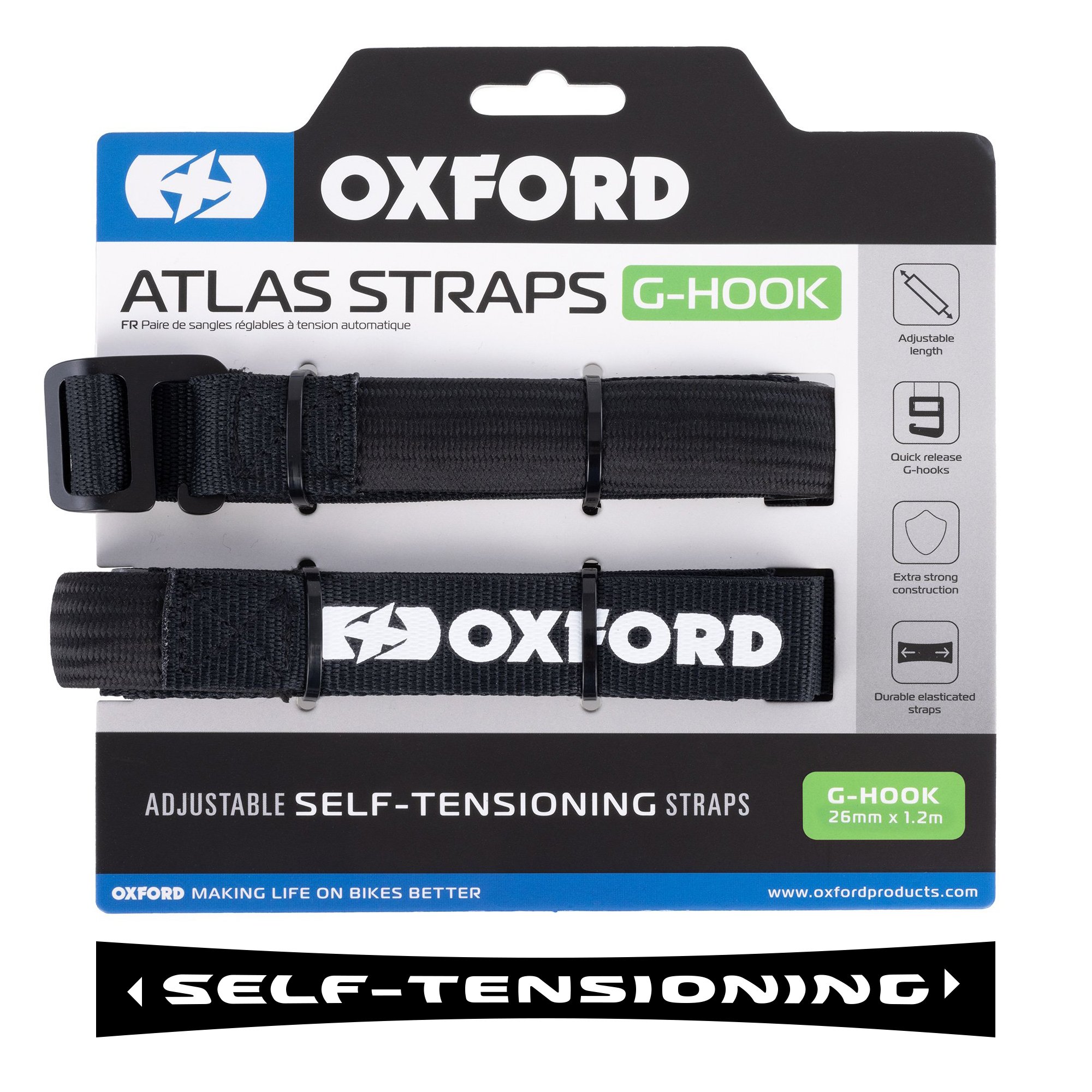 OXFORD přepravní popruhy ATLAS G-HOOK 26mm x 1,2 m barva černá