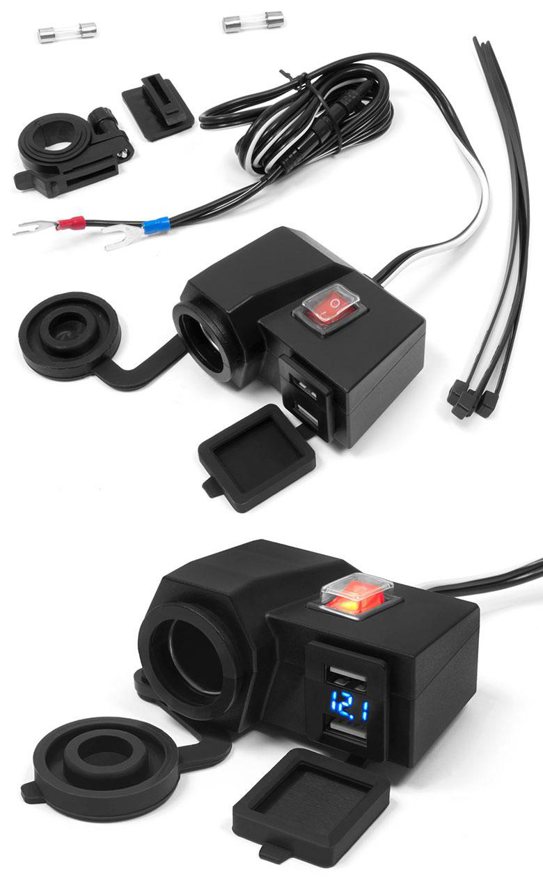 BIKETEC motocyklová cigaretová zásuvka se dvěma usb zásuvkami s vypínačem montáž na řídítka/trubku - MUS06 (EL)