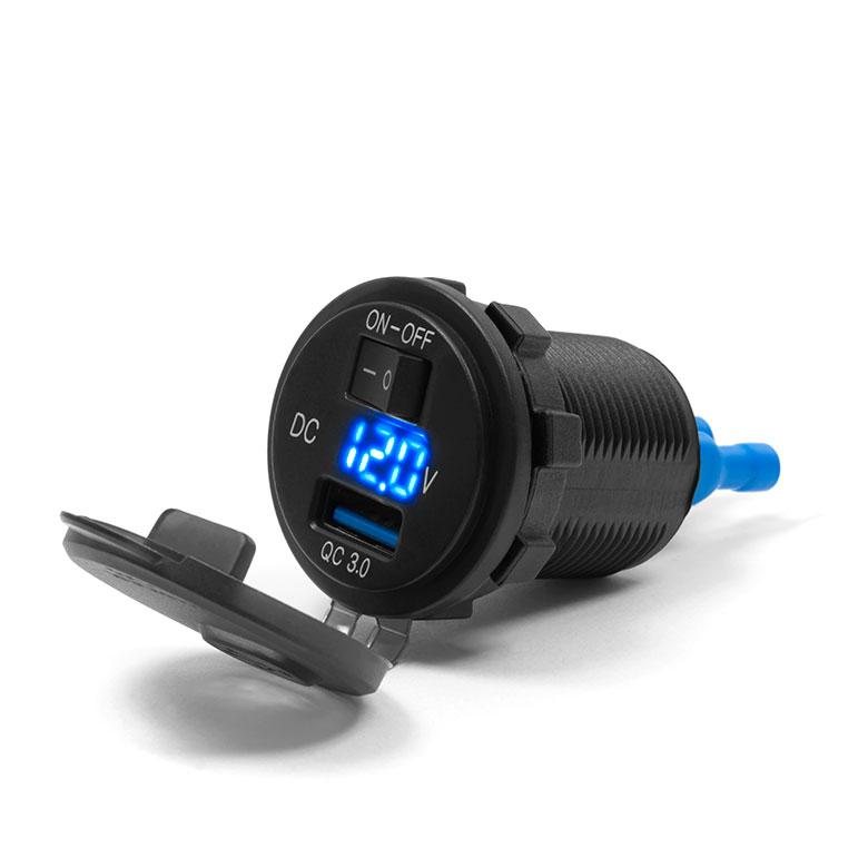 Levně BIKETEC motocyklová zásuvka USB QUICK CHARGE s voltmetrem spínačem zapalování montáž na rovný povrch (kapotáž, kufr) nebo na řídítka - vyžaduje